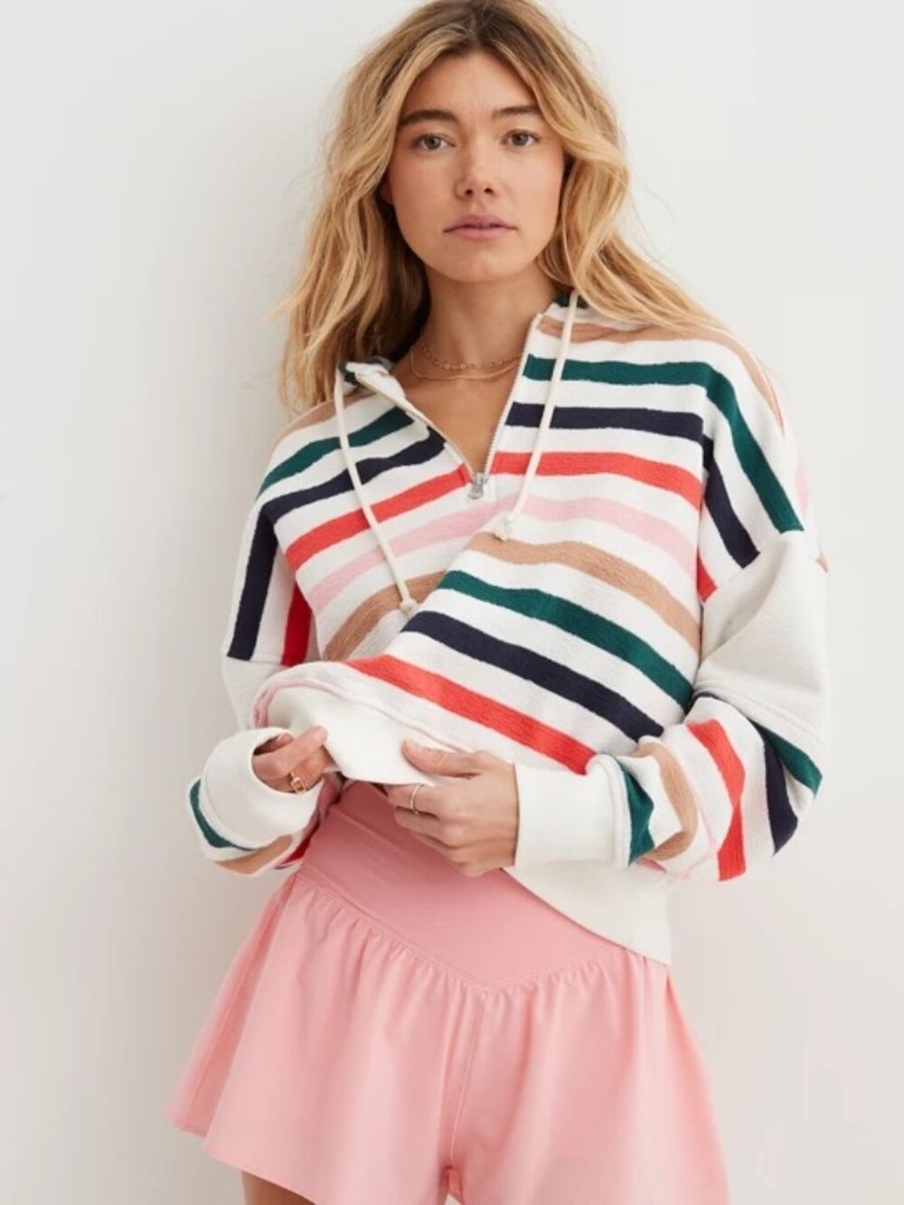 Aerie Restart Quarter Zip Hoodie Striped Muslin Cream